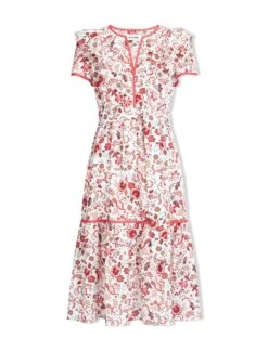 Nessa Organic Cotton Midi Dress - White Red Large Floral Print -The Modern Femme Sales SU23 D530 NESSA WHITEREDLARGEFLORALPRINT CO