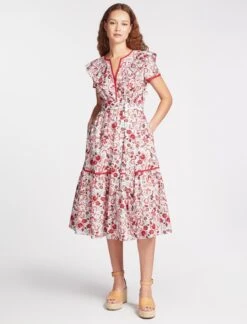 Nessa Organic Cotton Midi Dress - White Red Large Floral Print
