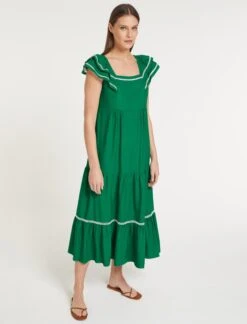 Bella Linen Blend Maxi Dress - Emerald Green White -The Modern Femme Sales SU23 D540 BELLA EMERALDGREENWHITE LS 59330