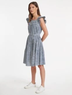 Maisie Organic Cotton Seersucker Midi Dress - Blue White Check