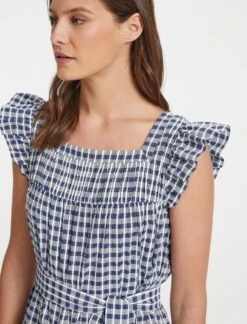 Maisie Organic Cotton Seersucker Midi Dress - Blue White Check -The Modern Femme Sales SU23 D541 MAISIE BLUEWHITECHECK CO 19831