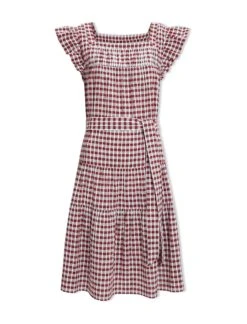 Maisie Organic Cotton Seersucker Midi Dress - Red White Check -The Modern Femme Sales SU23 D541 MAISIE REDWHITECHECK CO