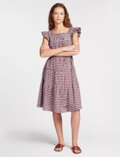 Maisie Organic Cotton Seersucker Midi Dress - Red White Check -The Modern Femme Sales SU23 D541 MAISIE REDWHITECHECK LS 2453