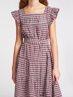 Maisie Organic Cotton Seersucker Midi Dress - Red White Check -The Modern Femme Sales SU23 D541 MAISIE REDWHITECHECK LS 2491