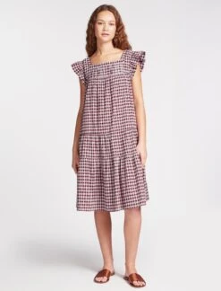 Maisie Organic Cotton Seersucker Midi Dress - Red White Check -The Modern Femme Sales SU23 D541 MAISIE REDWHITECHECK LS 2507