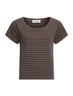 Madison Cotton Silk Blend Round Neck T-Shirt - Brown Navy Stripe -The Modern Femme Sales SU23 K128 MADISON BROWNNAVYSTRIPE CO