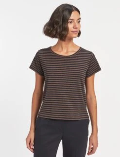 Madison Cotton Silk Blend Round Neck T-Shirt - Brown Navy Stripe -The Modern Femme Sales SU23 K128 MADISON BROWNNAVYSTRIPE LS 1609