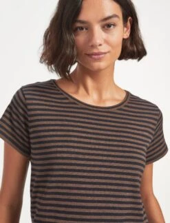 Madison Cotton Silk Blend Round Neck T-Shirt - Brown Navy Stripe -The Modern Femme Sales SU23 K128 MADISON BROWNNAVYSTRIPE LS 1628