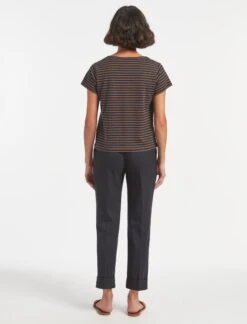 Madison Cotton Silk Blend Round Neck T-Shirt - Brown Navy Stripe -The Modern Femme Sales SU23 K128 MADISON BROWNNAVYSTRIPE LS 1631