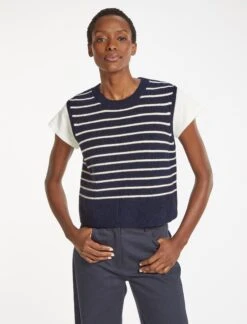 Julie Cotton Round Neck Sleeveless Jumper - Navy White Stripe -The Modern Femme Sales SU23 K138 JULIE NAVYWHITESTRIPE LS 495