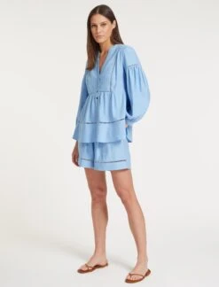 Callie Linen Blend Shirt - Blue -The Modern Femme Sales SU23 S69 CALLIE BLUEBLUE LS 58940