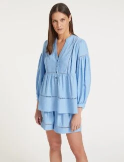 Callie Linen Blend Shirt - Blue -The Modern Femme Sales SU23 S69 CALLIE BLUEBLUE LS 58956