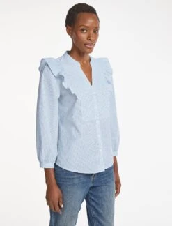 Dixie Organic Cotton V Neck Shirt - Mid Blue White Stripe -The Modern Femme Sales SU23 S77 DIXIE MIDBLUEWHITESTRIPE LS 910