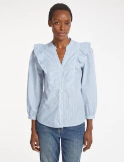 Dixie Organic Cotton V Neck Shirt - Mid Blue White Stripe -The Modern Femme Sales SU23 S77 DIXIE MIDBLUEWHITESTRIPE LS 918