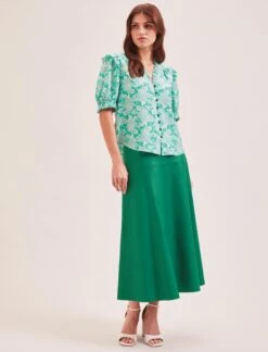 Stella Silk Blouse - Green Damask Print -The Modern Femme Sales SU24 B158 STELLA GREENDAMASKPRINT LS 036