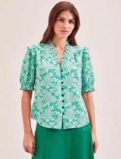 Stella Silk Blouse - Green Damask Print -The Modern Femme Sales SU24 B158 STELLA GREENDAMASKPRINT LS 056