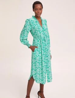 Stella Silk Midi Dress - Green Damask Print -The Modern Femme Sales SU24 D368 STELLA GREENDAMASKPRINTS LS 39153