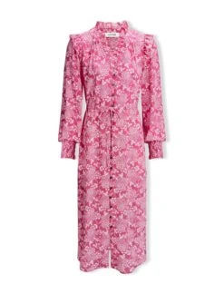 Stella Silk Midi Dress - Hot Pink Damask Print -The Modern Femme Sales SU24 D368 STELLA HOTPINKDAMASKPRINT LS