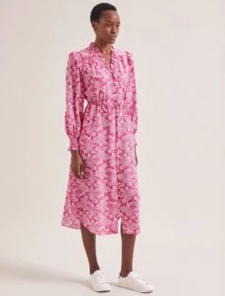 Stella Silk Midi Dress - Hot Pink Damask Print -The Modern Femme Sales SU24 D368 STELLA HOT PINK DAMASK PRINT LS 0348