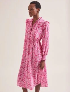 Stella Silk Midi Dress - Hot Pink Damask Print -The Modern Femme Sales SU24 D368 STELLA HOT PINK DAMASK PRINT LS 0379
