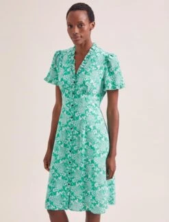 Tabby Silk Tea Dress - Green Damask Print -The Modern Femme Sales SU24 D579 TABBY GREEN DAMASK PRINT LS 0318