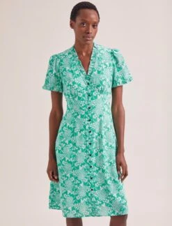Tabby Silk Tea Dress - Green Damask Print -The Modern Femme Sales SU24 D579 TABBY GREEN DAMASK PRINT LS 0320