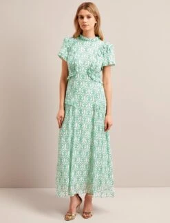 Mirabel Gold Metallic Fil Coupé Maxi Dress - Pale Green Carnation Print -The Modern Femme Sales SU24 D619 MIRABEL PALEGREENCARNATIONPRINT LS 14280