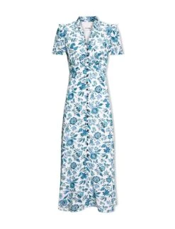 Liliana Cotton Blend Maxi Dress - White Blue Palm Floral -The Modern Femme Sales SU24 D620 LILIANA WHITEBLUEPALMFLORALPRINT CO