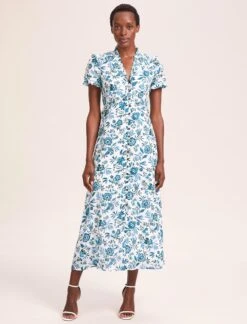 Liliana Cotton Blend Maxi Dress - White Blue Palm Floral -The Modern Femme Sales SU24 D620 LILIANA WHITEBLUEPALMFLORAL LS 39466