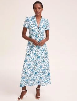 Liliana Cotton Blend Maxi Dress - White Blue Palm Floral -The Modern Femme Sales SU24 D620 LILIANA WHITEBLUEPALMFLORAL LS 39475