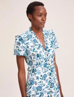 Liliana Cotton Blend Maxi Dress - White Blue Palm Floral -The Modern Femme Sales SU24 D620 LILIANA WHITEBLUEPALMFLORAL LS 39508