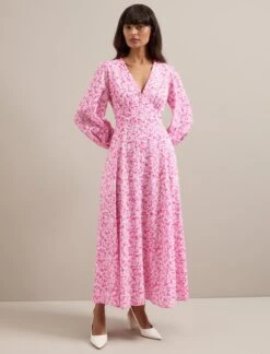 Cora Cotton Blend Maxi Dress - Hot Pink Blossom Print -The Modern Femme Sales SU24 D636 CORA HOTPINKBLOSSOMPRINT LS 1004