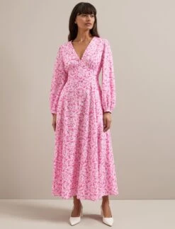 Cora Cotton Blend Maxi Dress - Hot Pink Blossom Print