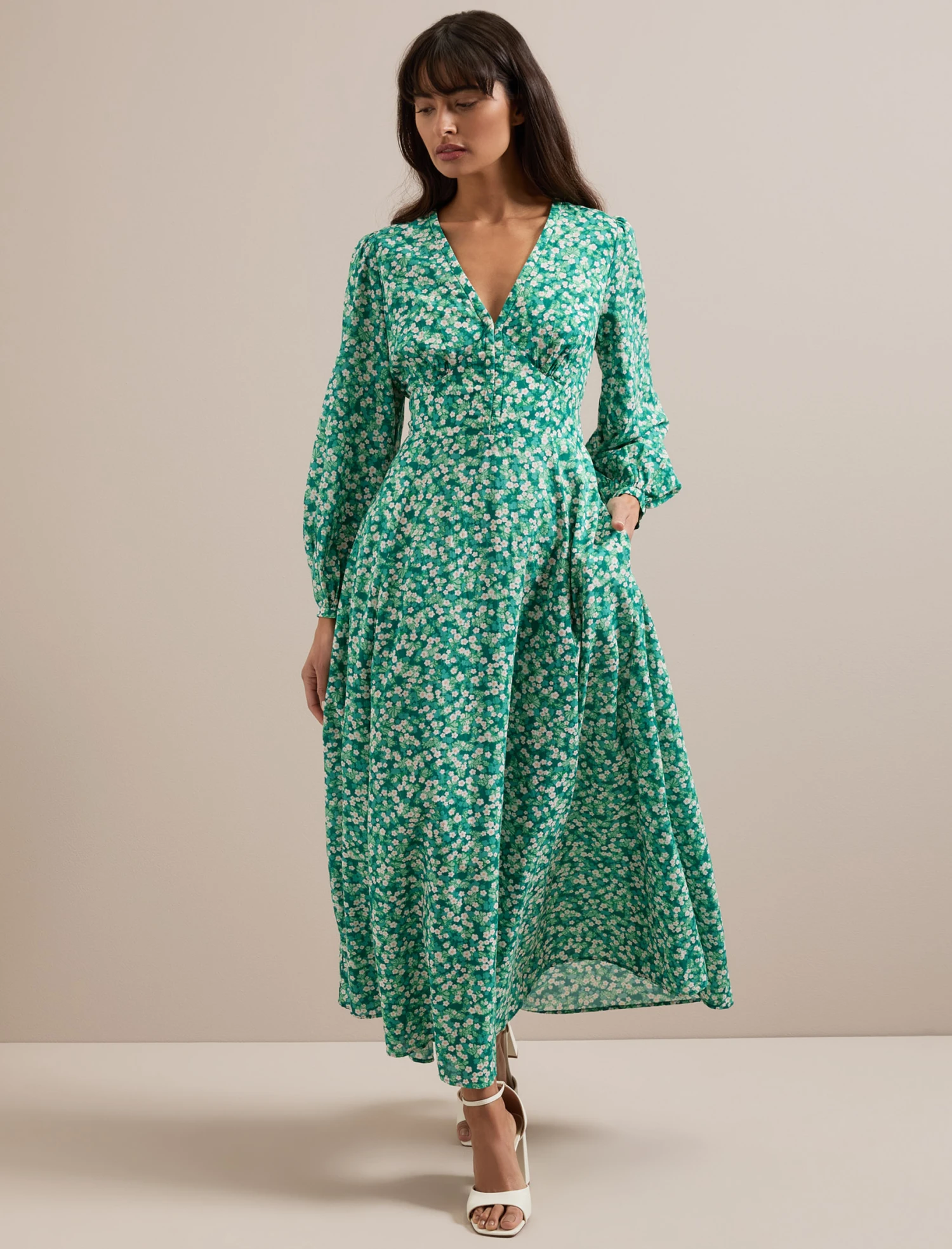 Cora Cotton Blend Maxi Dress - Mid Green Blossom Print 7 Cora Cotton Blend Maxi Dress - Mid Green Blossom Print - Image 5