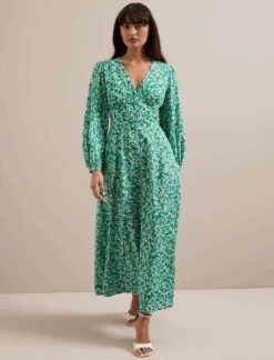 Cora Cotton Blend Maxi Dress - Mid Green Blossom Print