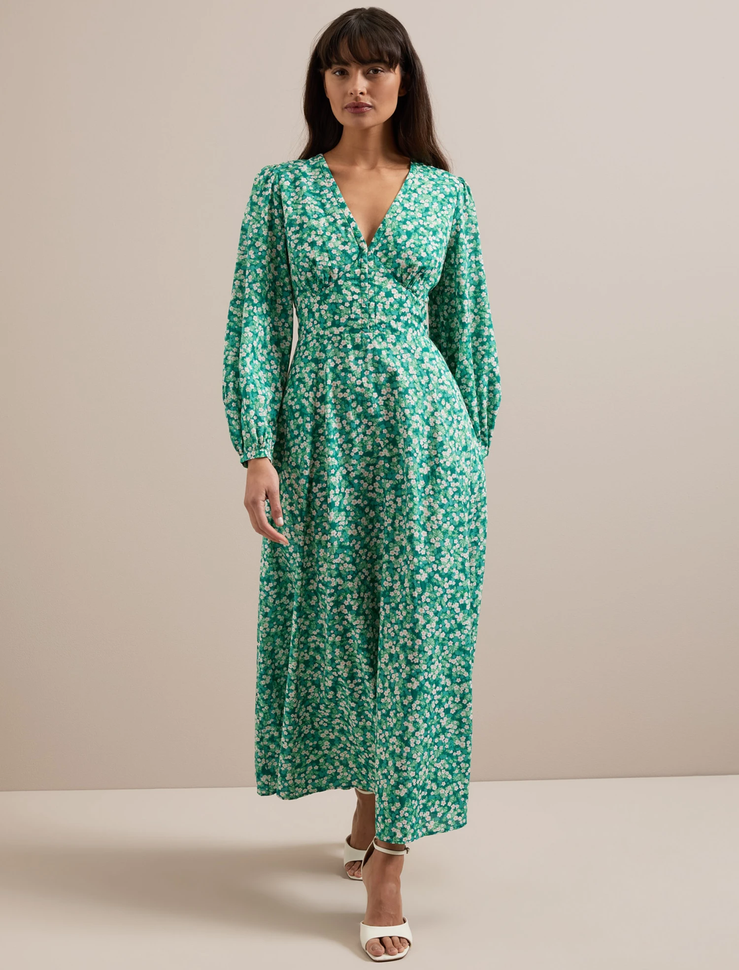 Cora Cotton Blend Maxi Dress - Mid Green Blossom Print 3 Cora Cotton Blend Maxi Dress - Mid Green Blossom Print