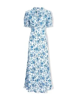 Viola Cotton Blend Bias Cut Maxi Dress - White Blue Palm Floral -The Modern Femme Sales SU24 D637 VIOLA WHITEBLUEPALMFLORALPRINT LS