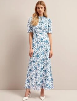 Viola Cotton Blend Bias Cut Maxi Dress - White Blue Palm Floral -The Modern Femme Sales SU24 D637 VIOLA WHITEBLUEPALMFLORALPRINT LS 25569
