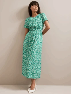 Nina Cotton Blend Maxi Dress - Mid Green Blossom Print -The Modern Femme Sales SU24 D644 NINA MIDGREENBLOSSOMPRINT LS 063