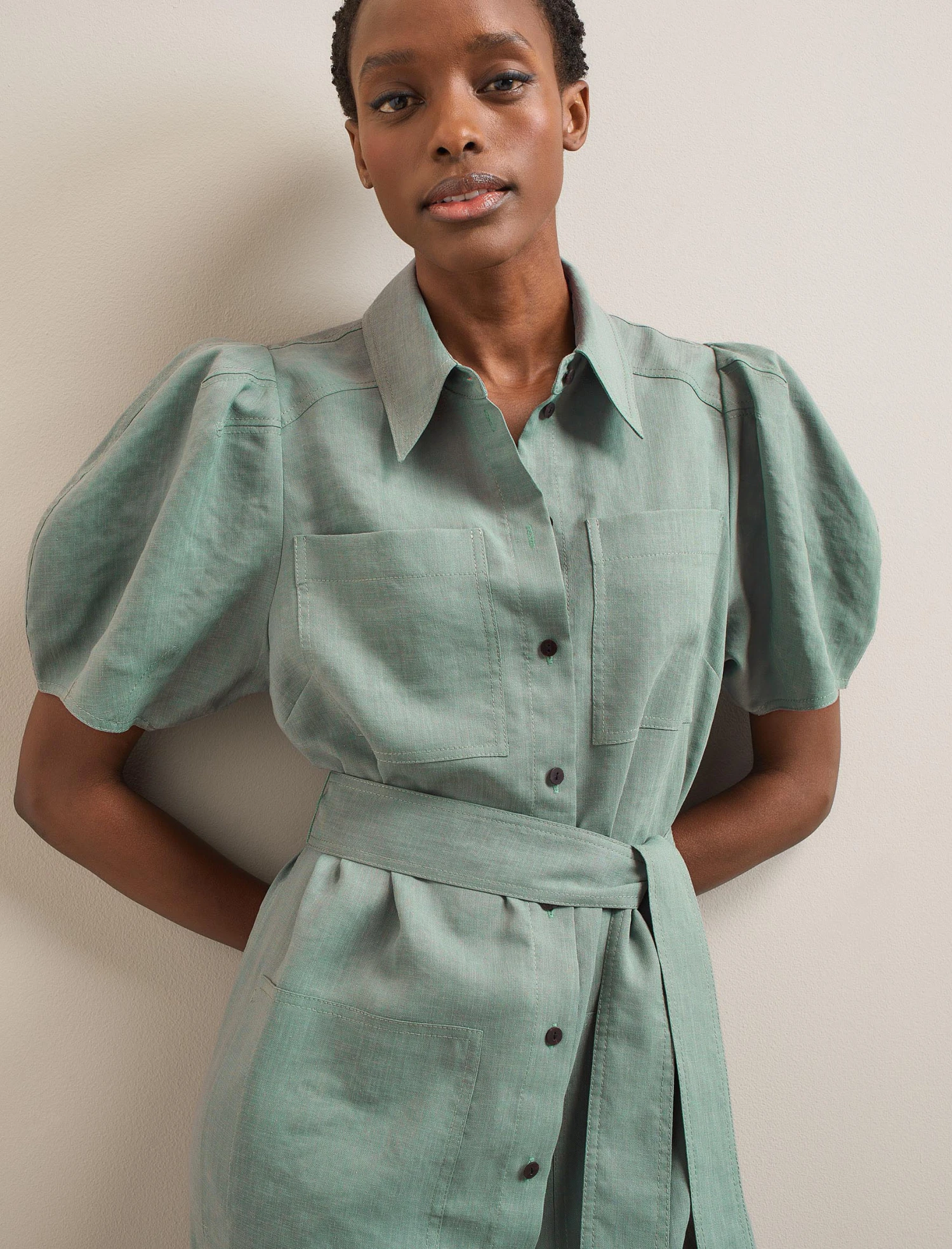 Lyra Techni Linen Maxi Shirt Dress - Sage Green 4 Lyra Techni Linen Maxi Shirt Dress - Sage Green - Image 2