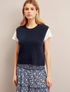 Julie Cotton Round Neck Sleeveless Jumper - Navy