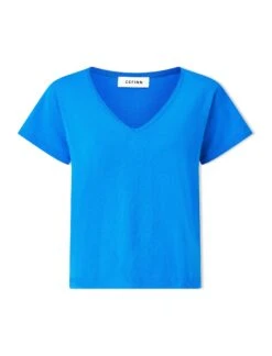 Madison Linen Blend V Neck Knit T-Shirt - Bright Blue -The Modern Femme Sales SU24 K187 MADISON BRIGHTBLUE CO