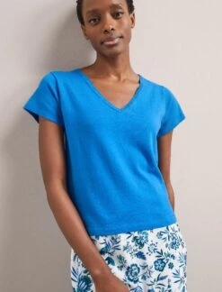 Madison Linen Blend V Neck Knit T-Shirt - Bright Blue -The Modern Femme Sales SU24 K187 MADISON BRIGHTBLUE LS 1661