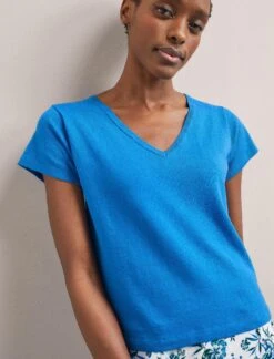 Madison Linen Blend V Neck Knit T-Shirt - Bright Blue -The Modern Femme Sales SU24 K187 MADISON BRIGHTBLUE LS 1664