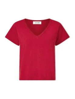 Madison Linen Blend V Neck Knit T-Shirt - Red -The Modern Femme Sales SU24 K187 MADISON RED CO