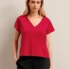 Madison Linen Blend V Neck Knit T-Shirt - Red -The Modern Femme Sales SU24 K187 MADISON RED LS 27248