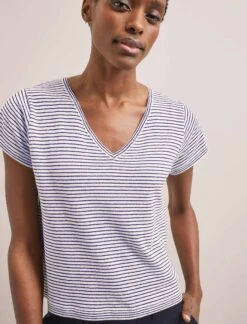 Madison Linen Blend V Neck Knit T-Shirt - White Navy Stripe -The Modern Femme Sales SU24 K187 MADISON WHITENAVYSTRIPE LS 2959