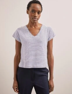 Madison Linen Blend V Neck Knit T-Shirt - White Navy Stripe -The Modern Femme Sales SU24 K187 MADISON WHITENAVYSTRIPE LS 2971