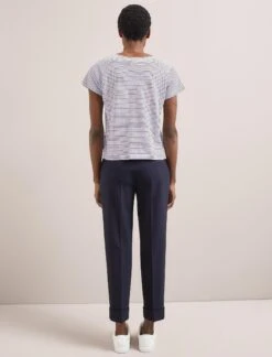 Madison Linen Blend V Neck Knit T-Shirt - White Navy Stripe -The Modern Femme Sales SU24 K187 MADISON WHITENAVYSTRIPE LS 2979