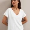Madison Linen Blend V Neck Knit T-Shirt - White -The Modern Femme Sales SU24 K187 MADISON WHITE LS 3591